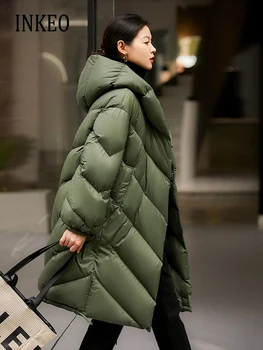Высококачественный пушистый пуховик для женщин 2023, Зимнее длинное пуховое пальто большого размера с капюшоном, однотонная базовая верхняя одежда INKEO 3O197