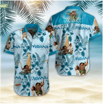 Гавайская рубашка Моаны и Мауи Дисней Поездка в Диснейленд Гавайская рубашка Каникулы Диснея Гавайский Пляж Рубашка С коротким рукавом