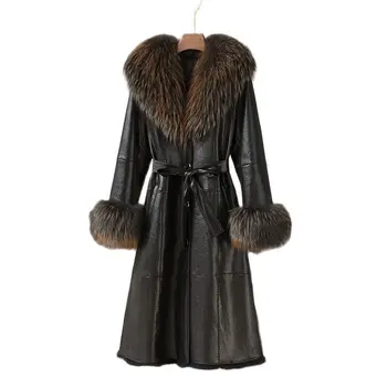 Горячая Распродажа 2023 года, Женская Зимняя куртка из натурального меха Кролика и кожи с воротником из меха Енота, Длинное пальто, Теплое Пальто, Парка JT3249