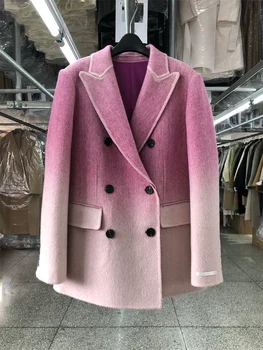 Градиентное Двустороннее Шерстяное пальто Женская Корейская мода Двубортная Зимняя куртка 2023 Осень