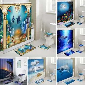 Декор ванной комнаты Dolphin, Водонепроницаемая занавеска для душа, Чехол для сиденья унитаза, Нескользящий коврик для ванной, Ковер, Полиэфирная ткань, Моющаяся