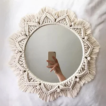 Декоративное настенное зеркало с круглой бахромой из макраме, подвесные настенные зеркала ручной вязки для спальни, гостиной, детской комнаты, декора детской комнаты