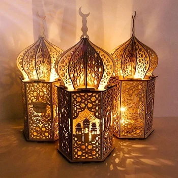 Деревянная лампа Рамадан, светодиодные фонари, украшение мусульманской вечеринки, освещение, сделай САМ, Ид Мубарак, лампа Рамадан, украшение комнаты (без батареи)