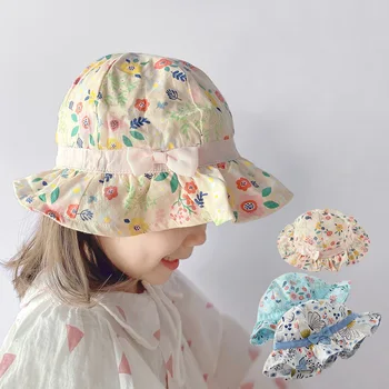 Детская широкополая шляпа Ins Simplicity с цветочным бантом, шляпа рыбака для маленькой девочки, весна-лето, Тонкая солнцезащитная кепка для маленькой девочки