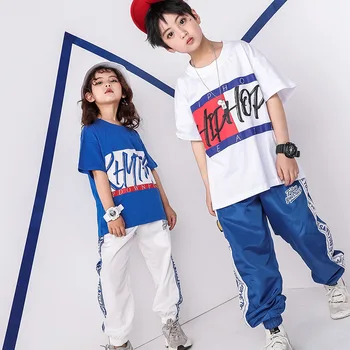 Детский сине-белый костюм в стиле хип-хоп, детские спортивные штаны для бега трусцой, рубашка, одежда для бальных танцев, одежда для мальчиков и девочек, костюмы