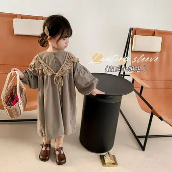 Детское платье 2023, новинка весны, осень, корейский стиль, детское повседневное, простое, однотонное, с длинным рукавом и накидкой, Милое платье для девочек