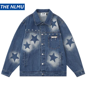 Джинсовая куртка со звездным рисунком в стиле харадзюку, уличная одежда в стиле хип-хоп, джинсовые куртки оверсайз, черно-синий свободный жакет, пальто для мужчин.