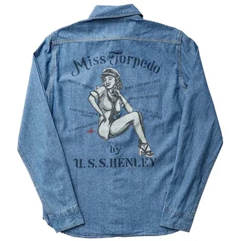 Джинсовая рубашка с длинными рукавами с принтом Монро, мужская винтажная выстиранная повседневная джинсовая куртка, топ для мужчин