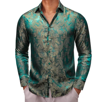 Дизайнерские рубашки для мужчин, шелковые, с длинным рукавом, зеленые, золотые, Пейсли, приталенные мужские блузки, повседневные формальные топы, дышащие Barry Wang