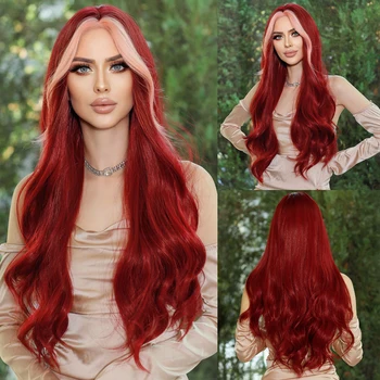 Длинная Волнистая средняя часть NAMM, винно-красный парик для женщин на каждый день, косплей, вечеринка, синтетические парики с розовыми волосами, термостойкие парики Лолиты