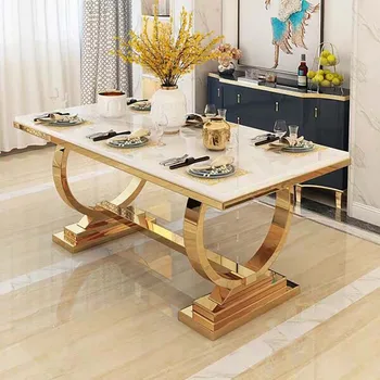 длинный прямоугольный обеденный стол из белого мрамора с кольцевой золотой рамой из нержавеющей стали, обеденный стол для домашней кухни