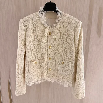 Женская винтажная куртка, белая Элегантная, Весна-осень 2023, модное однобортное милое пальто с карманами, повседневная уличная кружевная куртка