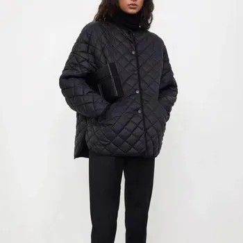 Женская куртка с ромбической решеткой, стеганое Классическое Свободное повседневное пальто 2023 Зима