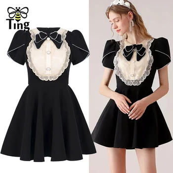 Женская мода Tingfly, декор бантом и пуговицами, бисероплетение, черное короткое мини-платье трапециевидной формы, милые Летние повседневные платья для девочек