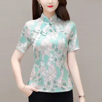 Женская плюс размер китайский стиль стенд воротник топы 2023 недвижимого шелковой ткани с вышивкой с коротким рукавом традиции китайский стиль рубашки женщина