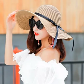 Женская соломенная шляпа с большими полями, соломенные шляпы с широкими полями, летняя модная элегантная пляжная кепка с бантом, женская шляпа
