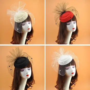 Женская фетровая шляпа-чародейка Сетчатая вуаль Маленькие плюшевые заколки для волос