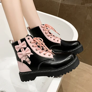 Женские ботильоны на толстой платформе с розовым бантиком-бабочкой, 2023, осенние короткие ботинки из искусственной кожи с толстой подошвой, женская обувь Y2K Kawaii Lolita