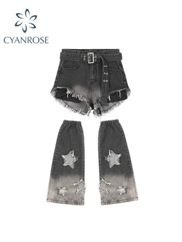 Женские джинсовые шорты с обтягивающей штанины высокой талией, женская летняя уличная одежда, мешковатые ретро-панк-шорты со звездами, джинсы Y2k Harajuku Korean