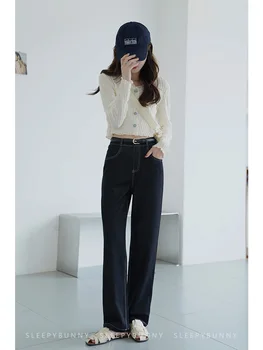 Женские джинсы с прямыми штанинами, свободные, длиной до пола, для хай-стрит, синие, Y2K, модные Корейские женские джинсы, комфортные брюки для мамы в стиле ретро