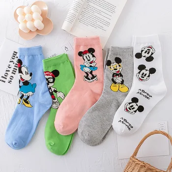 Женские носки с милым рисунком Микки и Минни, японская система, креативные хлопчатобумажные носки средней длины
