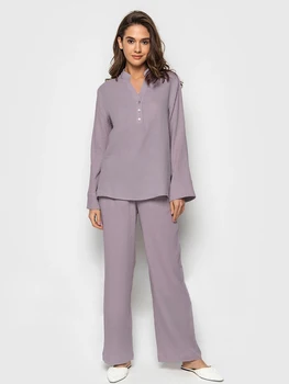 Женские пижамные комплекты Hiloc из фиолетового хлопка, 2 предмета, муслиновый костюм с длинными рукавами, женская пижама с воротником-стойкой, Элегантные женские комплекты