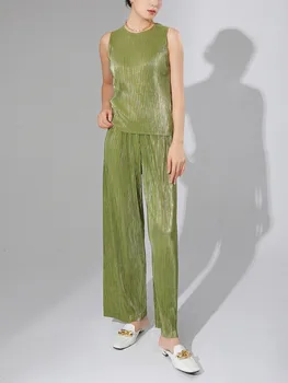 Женский высококачественный плиссированный комплект из двух предметов с металлической нишей, Шикарная футболка, Топ и повседневные брюки из драпа