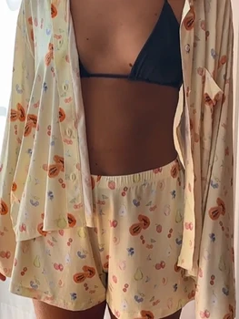 Женский пижамный комплект из 2 предметов, Милая рубашка с длинными рукавами и цветочным принтом, эластичные шорты, одежда для отдыха, мягкая пижама в стиле Каваи Харадзюку