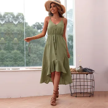 Женское летнее зеленое льняное платье средней длины, сексуальное платье-комбинация с V-образным вырезом и рюшами, простой длинный сарафан для пляжного отдыха, женский наряд