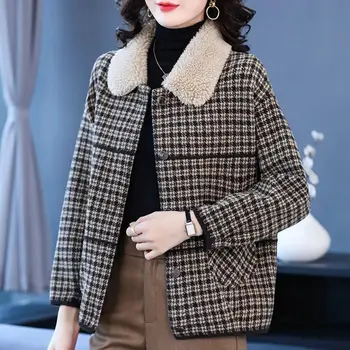 Женское осенне-зимнее пальто, плюшевое винтажное клетчатое пальто, женская теплая однобортная куртка с лацканами, Двусторонняя вязка на осень