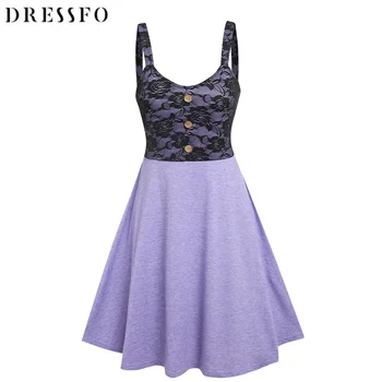 Женское платье-клеш с кружевной вставкой без рукавов, облегающее мини-платье с высокой талией, трапециевидное цветочное кружевное модное повседневное фиолетовое летнее платье 2023 года