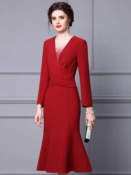 Женское платье с длинными рукавами, новинка 2023 года, для вечеринки высокого класса, жемчужно-винно-красная облегающая юбка средней длины 