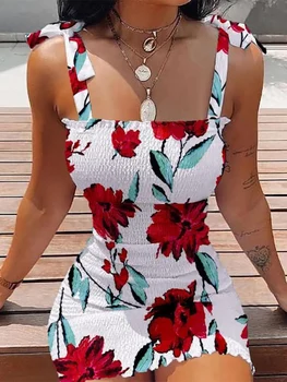 Женское сексуальное плиссированное мини-платье 203 Новых летних платья с открытыми плечами и цветочным принтом, облегающие вечерние платья на бретелях для женщин белого цвета
