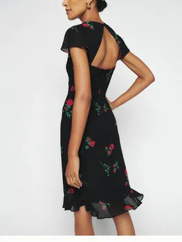 Женское сексуальное приталенное платье с принтом розы в стиле ретро, с открытой спиной, женское платье с короткими рукавами и квадратным воротником, с рюшами, халат средней длины, летняя новинка