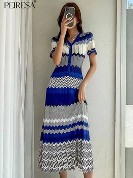 Женское трикотажное платье в полоску PEIRESA Color Block, Корейская мода, V-образный вырез, короткий рукав, Тонкая талия, облегающие длинные платья, Vestidos