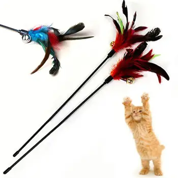 Забавная кошачья палочка Разноцветные перья, Дразнящие кошек Палочки, обучающие интерактивные игрушки для кошек, Удочка, аксессуары для кошек, товары для домашних животных