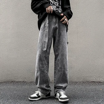 Зимние винтажные джинсы для мужчин, новая строчка, широкие штанины в стиле Хай-стрит-хип-хоп, свободная Корейская версия, брюки-карго с прямой трубкой, прямая поставка