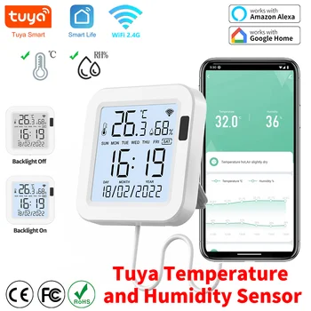 Интеллектуальный датчик температуры и влажности Tuya с подсветкой для умного дома var WiFi SmartLife Работа с Alexa Google Assistant