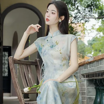 Классическое Элегантное женское Длинное Ципао, Традиционное китайское платье с цветочным принтом, Винтажное платье с Мандариновым воротником, платье цвета Шампанского