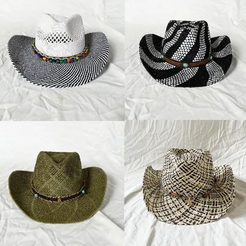 Ковбойская шляпа ручной работы, белая клетчатая джазовая соломенная шляпа с полыми полями для мужчин и женщин, уличная ковбойская шляпа, солнцезащитная шляпа, пляжный козырек