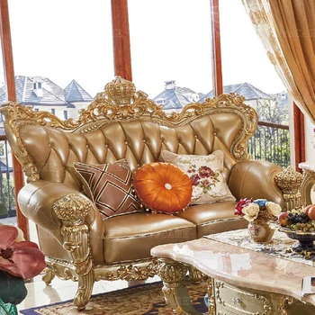 Комбинация диванов из натуральной кожи в европейском стиле, крупногабаритный диван из массива дерева с двусторонней резьбой цвета шампанского и золота