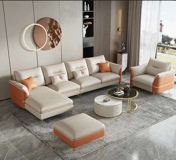 Комплект кожаных диванов Chesterfield в скандинавской итальянской современной гостиной L-образной формы