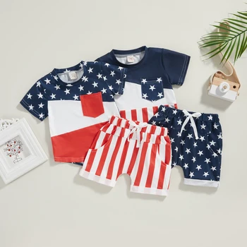 Комплекты летней одежды для новорожденных мальчиков Pudcoco, топы контрастного цвета с короткими рукавами + шорты на шнурке в звездочку/полоску от 0 до 3 лет