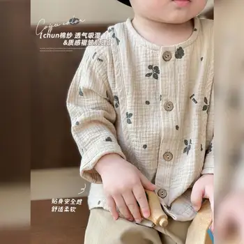 Корейская детская одежда, рубашки для мальчиков и девочек, дышащий кардиган для маленьких мальчиков, хлопковая рубашка с принтом