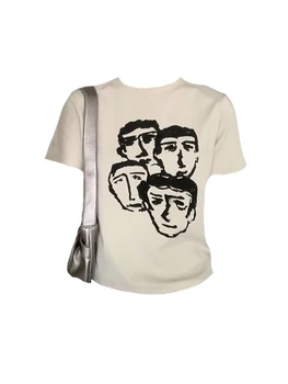 Корейский топ Harajuku с графическим принтом мультяшных персонажей, Повседневная Женская футболка С круглым воротником И бежевыми рукавами, Уютные Повседневные футболки Y2k Streetwear
