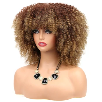 Короткий кудрявый Светлый парик для чернокожих женщин, афро-кудрявый Парик с челкой, Синтетический Натуральный бесклеевой Омбре, Коричневый блондинистый парик для косплея