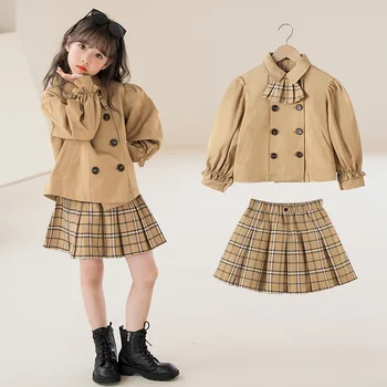 Костюм для девочек 2023, Новая Корейская версия, весенне-осенняя двубортная юбка-пальто в иностранном стиле для большого детского колледжа