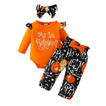 Костюмы для младенцев 0-18 месяцев на Хэллоуин, комбинезоны с длинными рукавами, штаны с резинкой в виде тыквы и банта, комплекты из 3 предметов, одежда для маленьких девочек