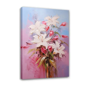 Красивый розовый фон с белыми лилиями Галерея картин на холсте в рамке, красочная ваза под старину для украшения дома