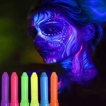 Краска для лица Флуоресцентный карандаш 6 цветов, светящиеся в темноте Краски для лица, не вызывающие раздражения, яркий цветной макияж, краска для лица и тела